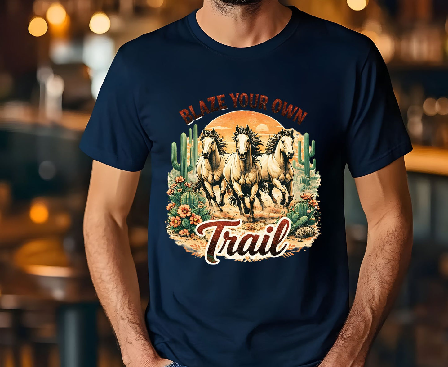Blaze Your Own Trail T Shirt Adult Youth Toddler Baby Wild Horse Graphic Tee Running Mustangs Western Desert Cactus Sunset Retro Country Gift