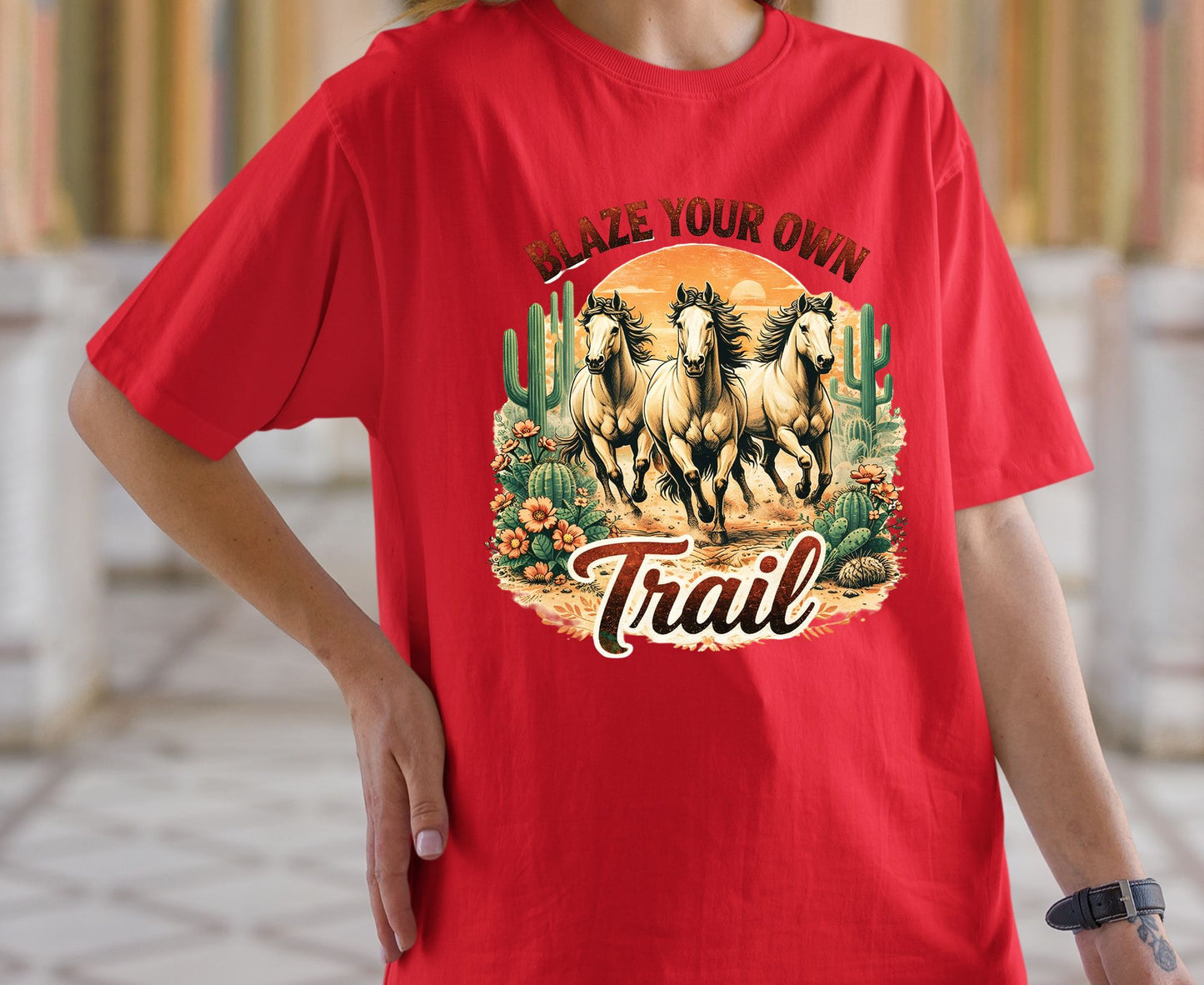 Blaze Your Own Trail T Shirt Adult Youth Toddler Baby Wild Horse Graphic Tee Running Mustangs Western Desert Cactus Sunset Retro Country Gift