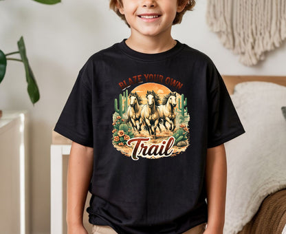 Blaze Your Own Trail T Shirt Adult Youth Toddler Baby Wild Horse Graphic Tee Running Mustangs Western Desert Cactus Sunset Retro Country Gift