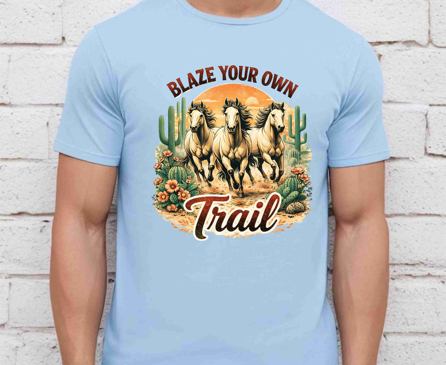Blaze Your Own Trail T Shirt Adult Youth Toddler Baby Wild Horse Graphic Tee Running Mustangs Western Desert Cactus Sunset Retro Country Gift