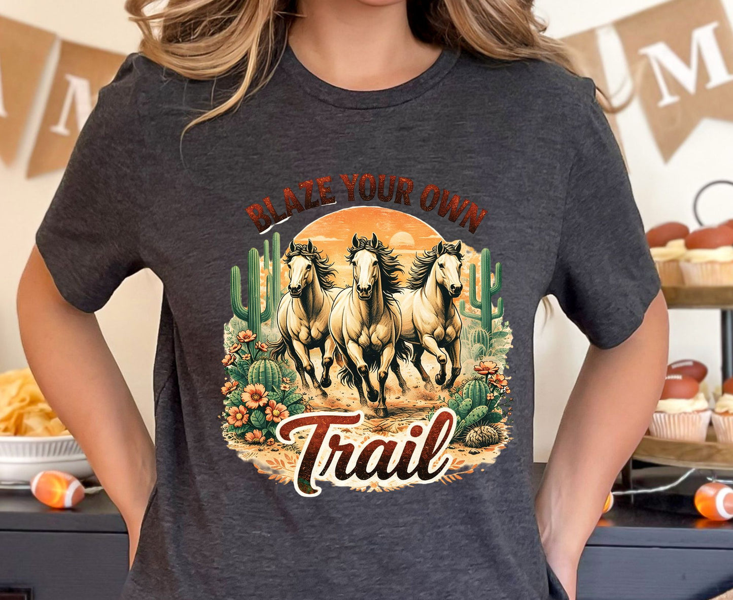 Blaze Your Own Trail T Shirt Adult Youth Toddler Baby Wild Horse Graphic Tee Running Mustangs Western Desert Cactus Sunset Retro Country Gift