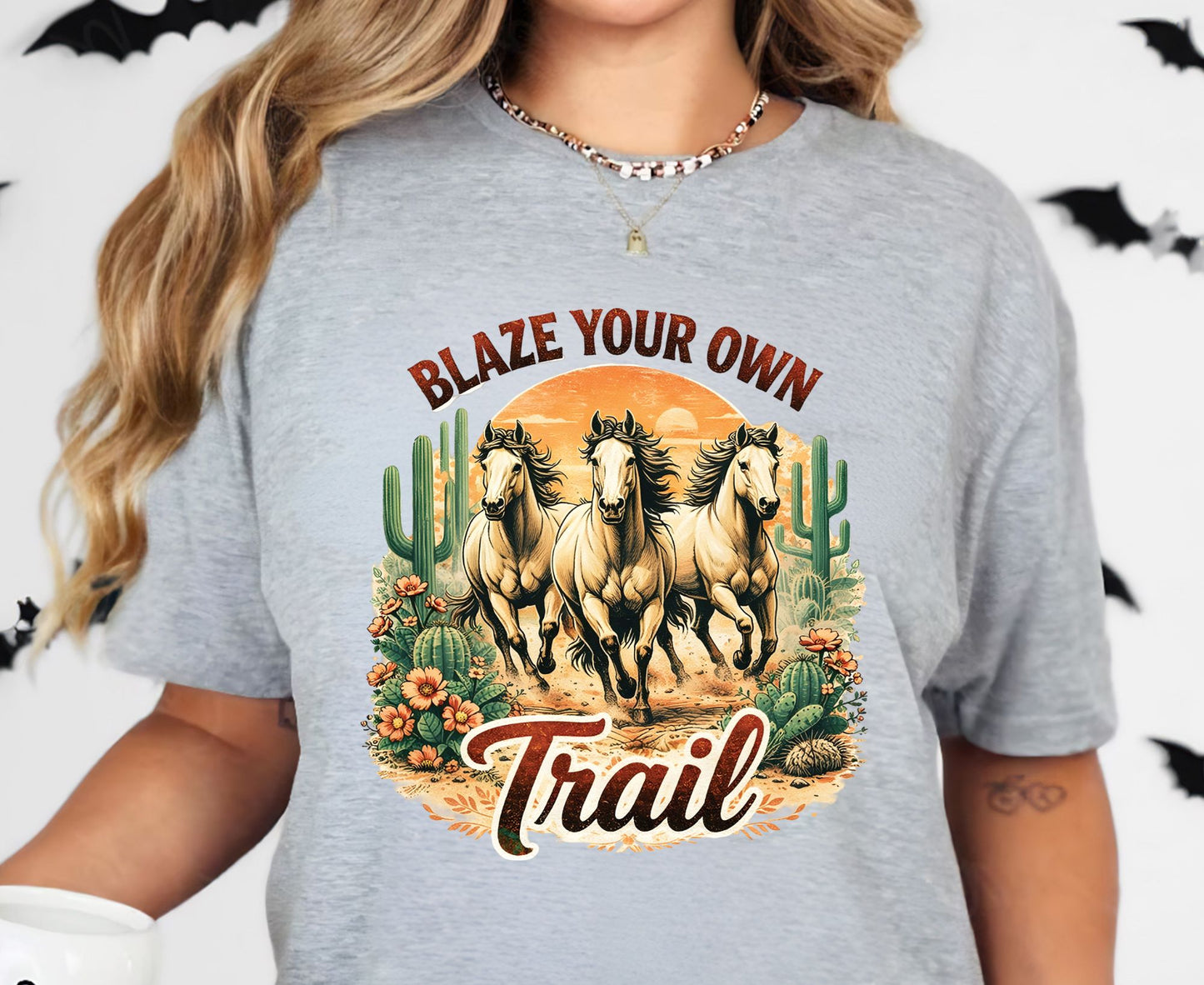 Blaze Your Own Trail T Shirt Adult Youth Toddler Baby Wild Horse Graphic Tee Running Mustangs Western Desert Cactus Sunset Retro Country Gift
