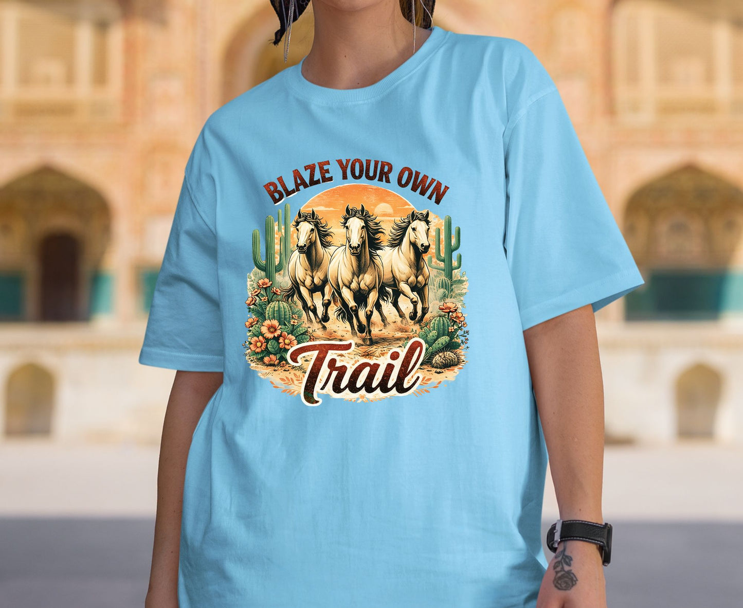 Blaze Your Own Trail T Shirt Adult Youth Toddler Baby Wild Horse Graphic Tee Running Mustangs Western Desert Cactus Sunset Retro Country Gift