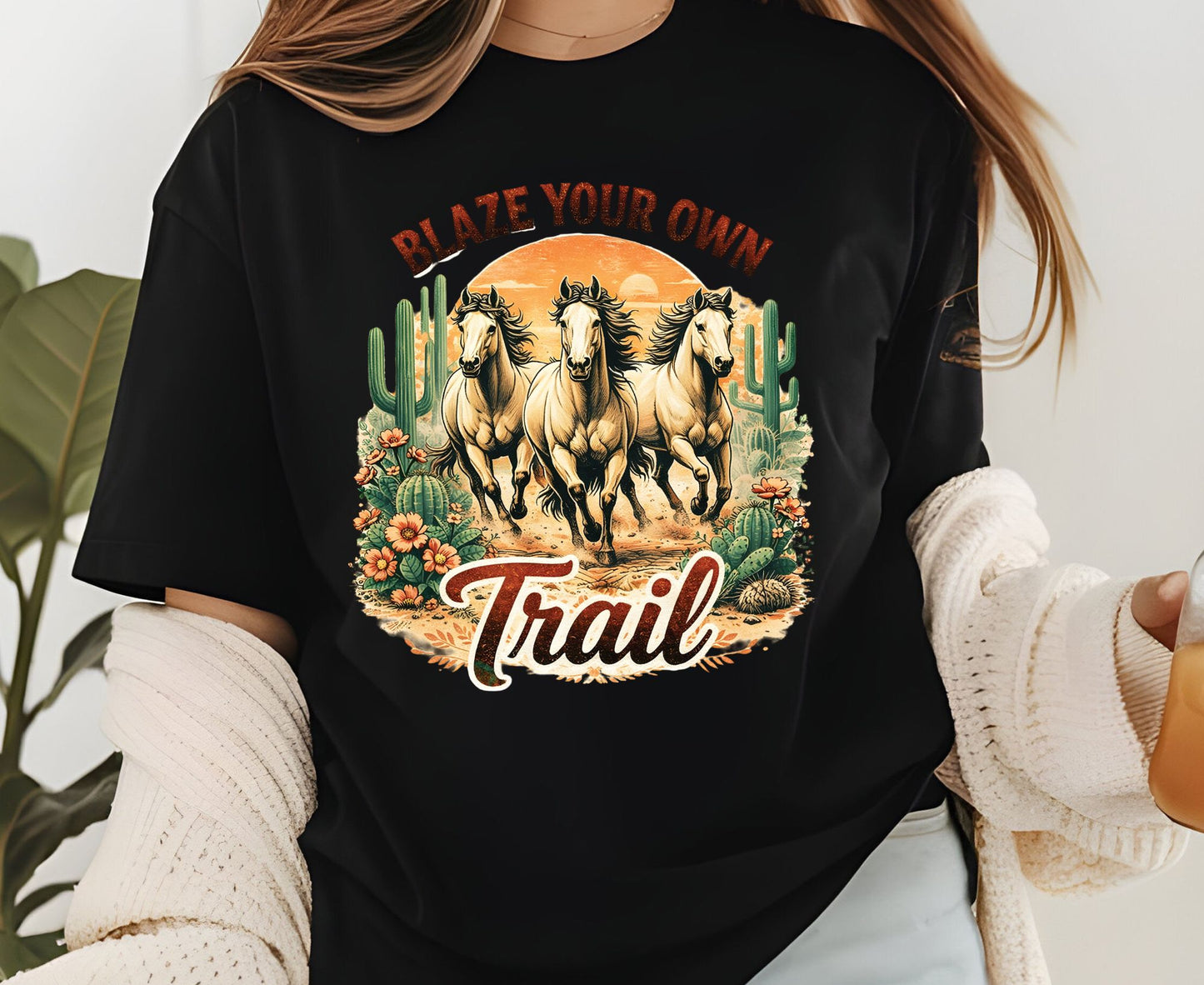 Blaze Your Own Trail T Shirt Adult Youth Toddler Baby Wild Horse Graphic Tee Running Mustangs Western Desert Cactus Sunset Retro Country Gift