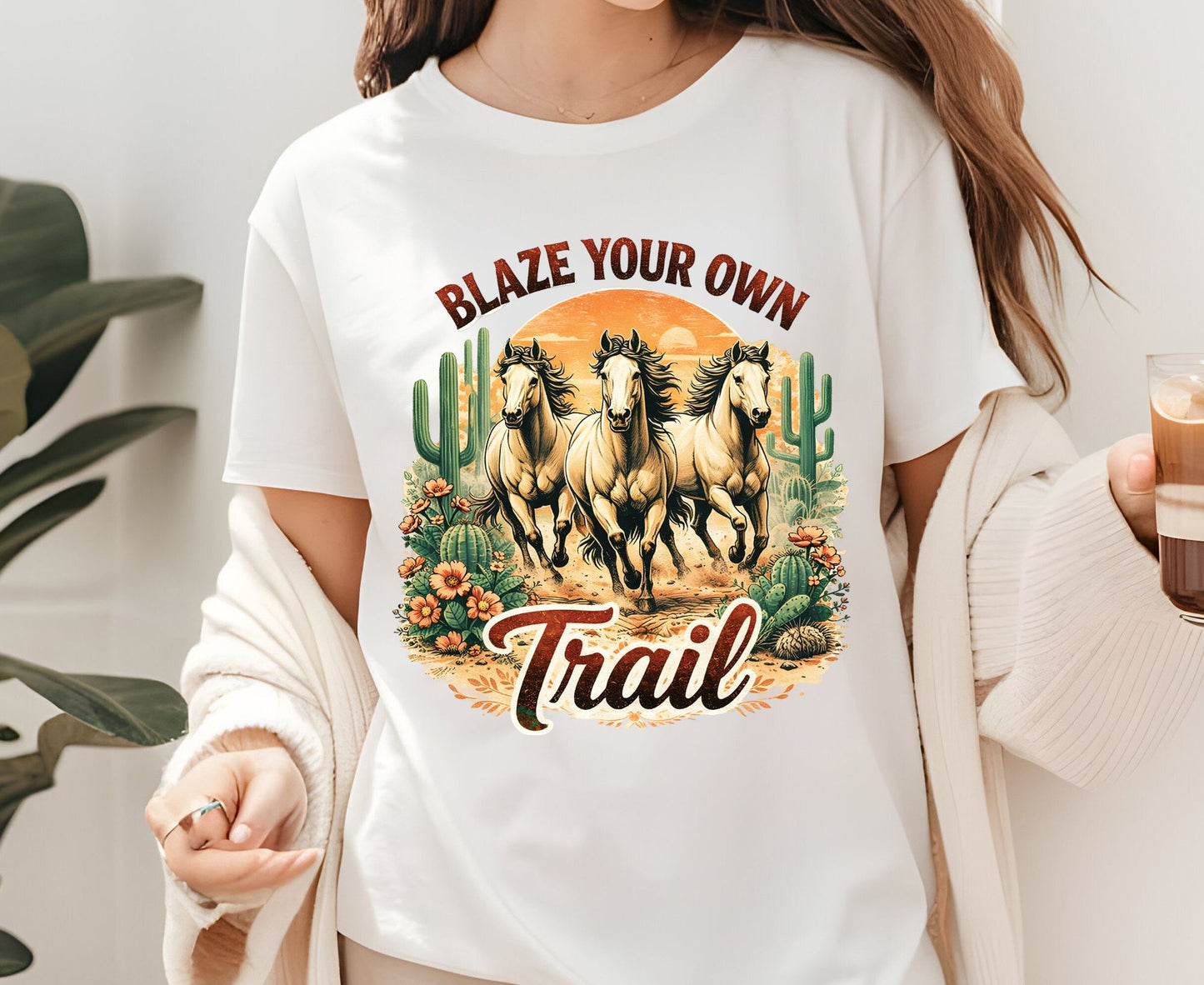 Blaze Your Own Trail T Shirt Adult Youth Toddler Baby Wild Horse Graphic Tee Running Mustangs Western Desert Cactus Sunset Retro Country Gift