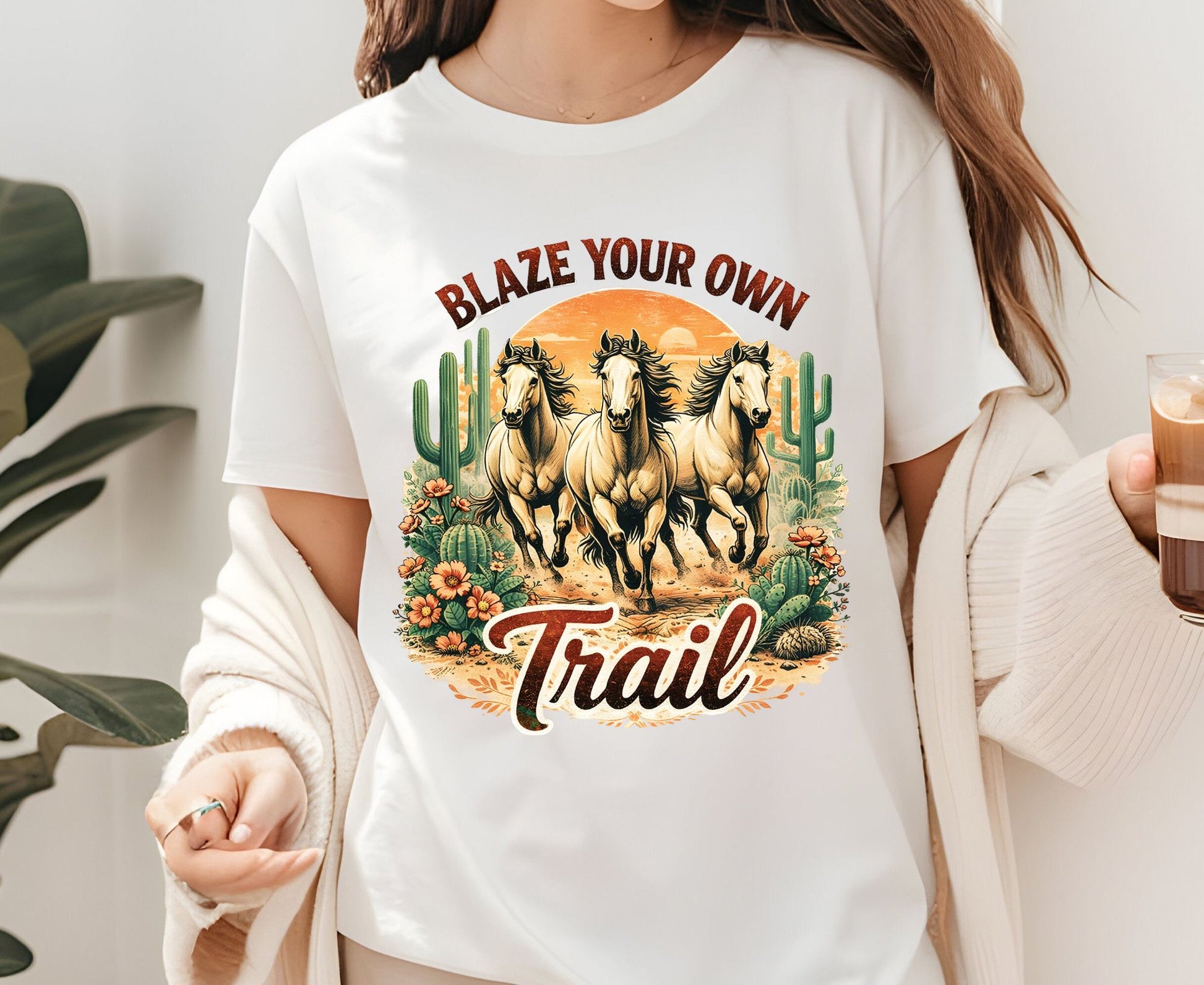 Blaze Your Own Trail T Shirt Adult Youth Toddler Baby Wild Horse Graphic Tee Running Mustangs Western Desert Cactus Sunset Retro Country Gift