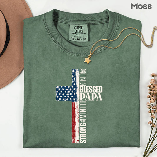 Blessed Papa Comfort Colors T Shirt American Flag Cross Christian Father’s Day Gift Patriotic Papa Tee Religious Grandpa Apparel Faith USA Shirt
