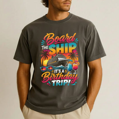 Board The Ship It's A Birthday Trip Retro Cruise Ship DTF Transfer Ready to Press Cruise Vacation UV DTF Sticker Tropical Cocktails & Sunglasses Heat Transfer for Shirts