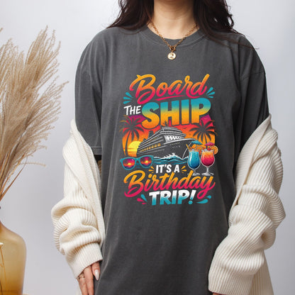 Board The Ship It's A Birthday Trip Retro Cruise Ship DTF Transfer Ready to Press Cruise Vacation UV DTF Sticker Tropical Cocktails & Sunglasses Heat Transfer for Shirts