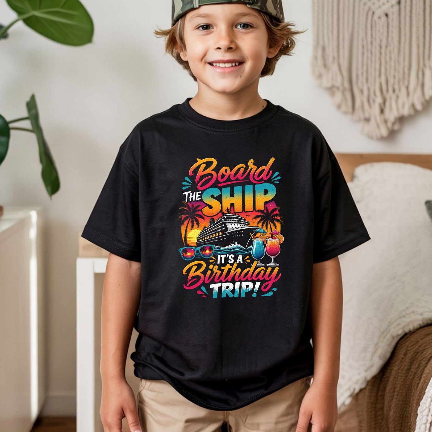 Board The Ship It's A Birthday Trip Retro Cruise Ship DTF Transfer Ready to Press Cruise Vacation UV DTF Sticker Tropical Cocktails & Sunglasses Heat Transfer for Shirts