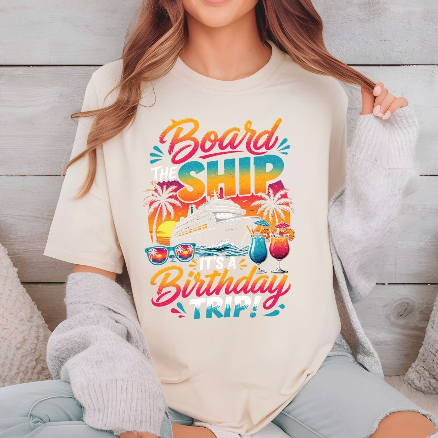 Board The Ship It's A Birthday Trip Retro Cruise Ship DTF Transfer Ready to Press Cruise Vacation UV DTF Sticker Tropical Cocktails & Sunglasses Heat Transfer for Shirts