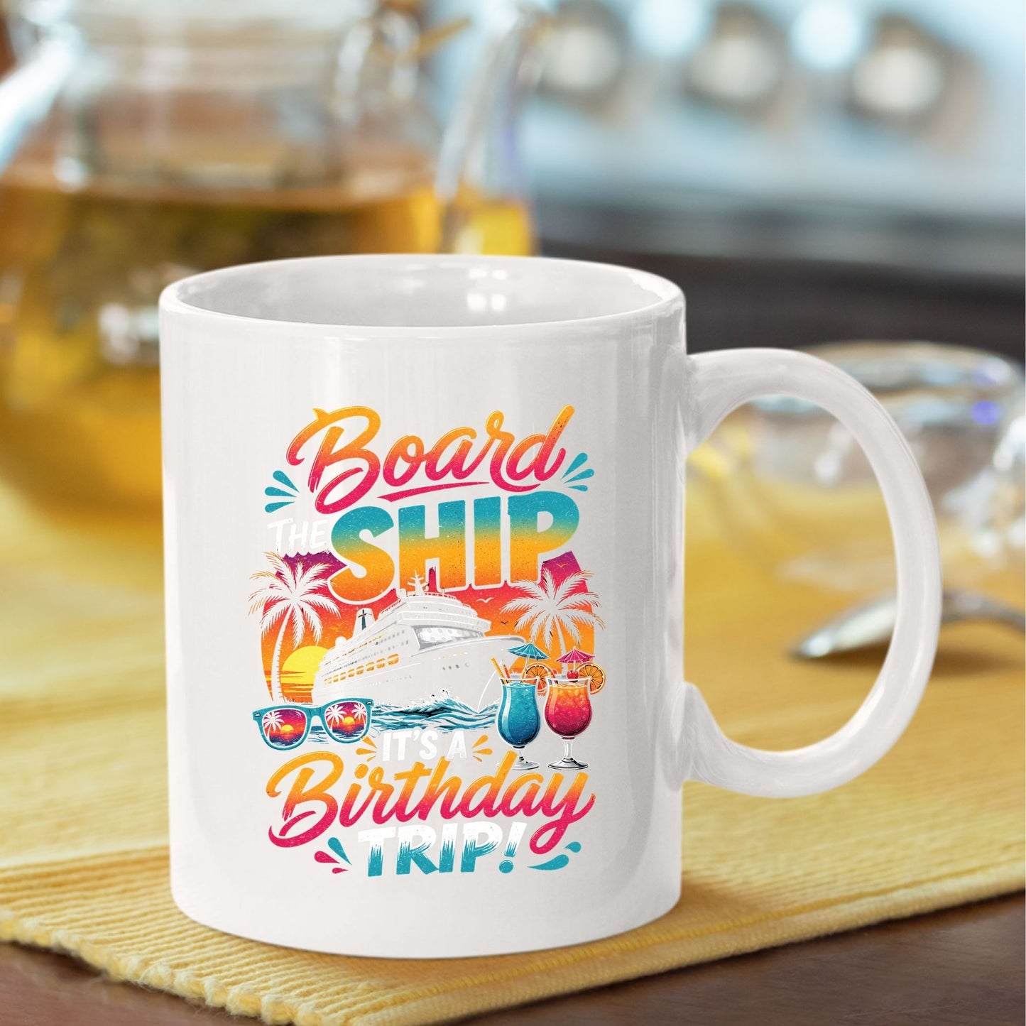 Board The Ship It's A Birthday Trip Retro Cruise Ship DTF Transfer Ready to Press Cruise Vacation UV DTF Sticker Tropical Cocktails & Sunglasses Heat Transfer for Shirts