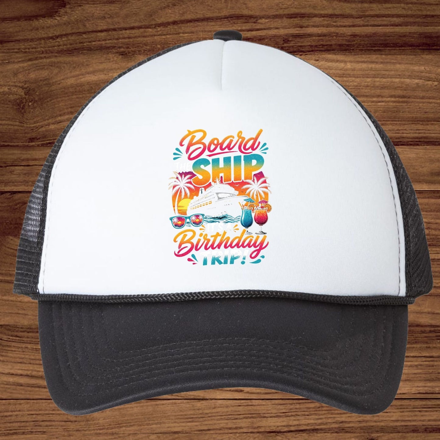 Board The Ship It's A Birthday Trip Retro Cruise Ship DTF Transfer Ready to Press Cruise Vacation UV DTF Sticker Tropical Cocktails & Sunglasses Heat Transfer for Shirts