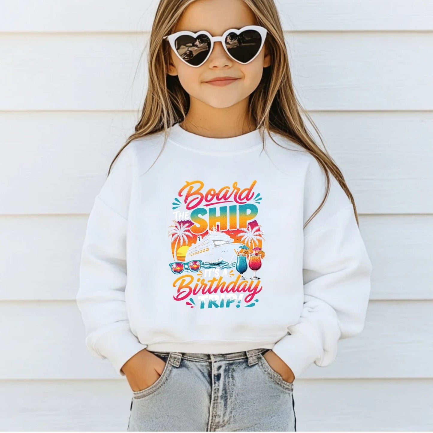 Board The Ship It's A Birthday Trip Retro Cruise Ship DTF Transfer Ready to Press Cruise Vacation UV DTF Sticker Tropical Cocktails & Sunglasses Heat Transfer for Shirts
