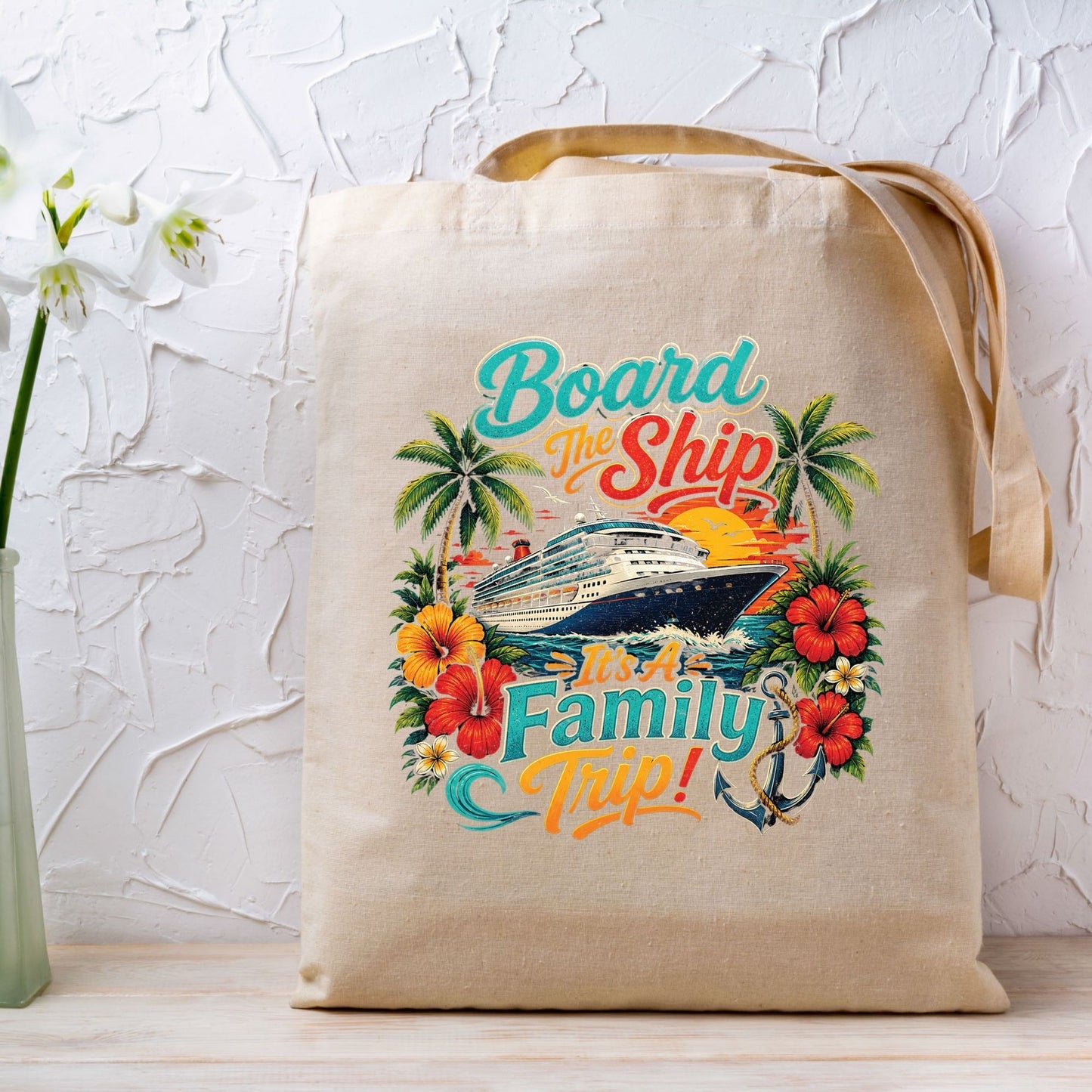 Board The Ship It's A Family Trip Retro Cruise DTF Transfer Ready to Press Family Vacation UV DTF Sticker Ocean Liner & Hibiscus Heat Transfer for Shirts
