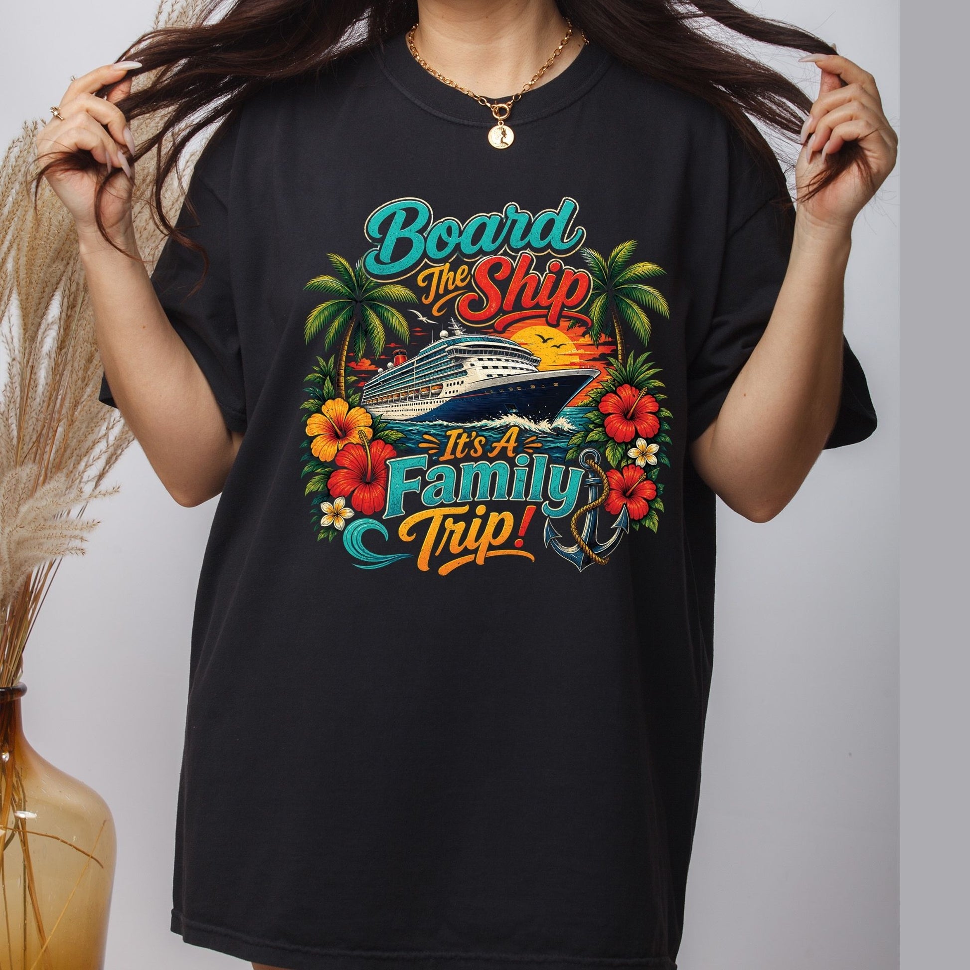 Board The Ship It's A Family Trip Retro Cruise DTF Transfer Ready to Press Family Vacation UV DTF Sticker Ocean Liner & Hibiscus Heat Transfer for Shirts