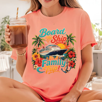 Board The Ship It's A Family Trip Retro Cruise DTF Transfer Ready to Press Family Vacation UV DTF Sticker Ocean Liner & Hibiscus Heat Transfer for Shirts