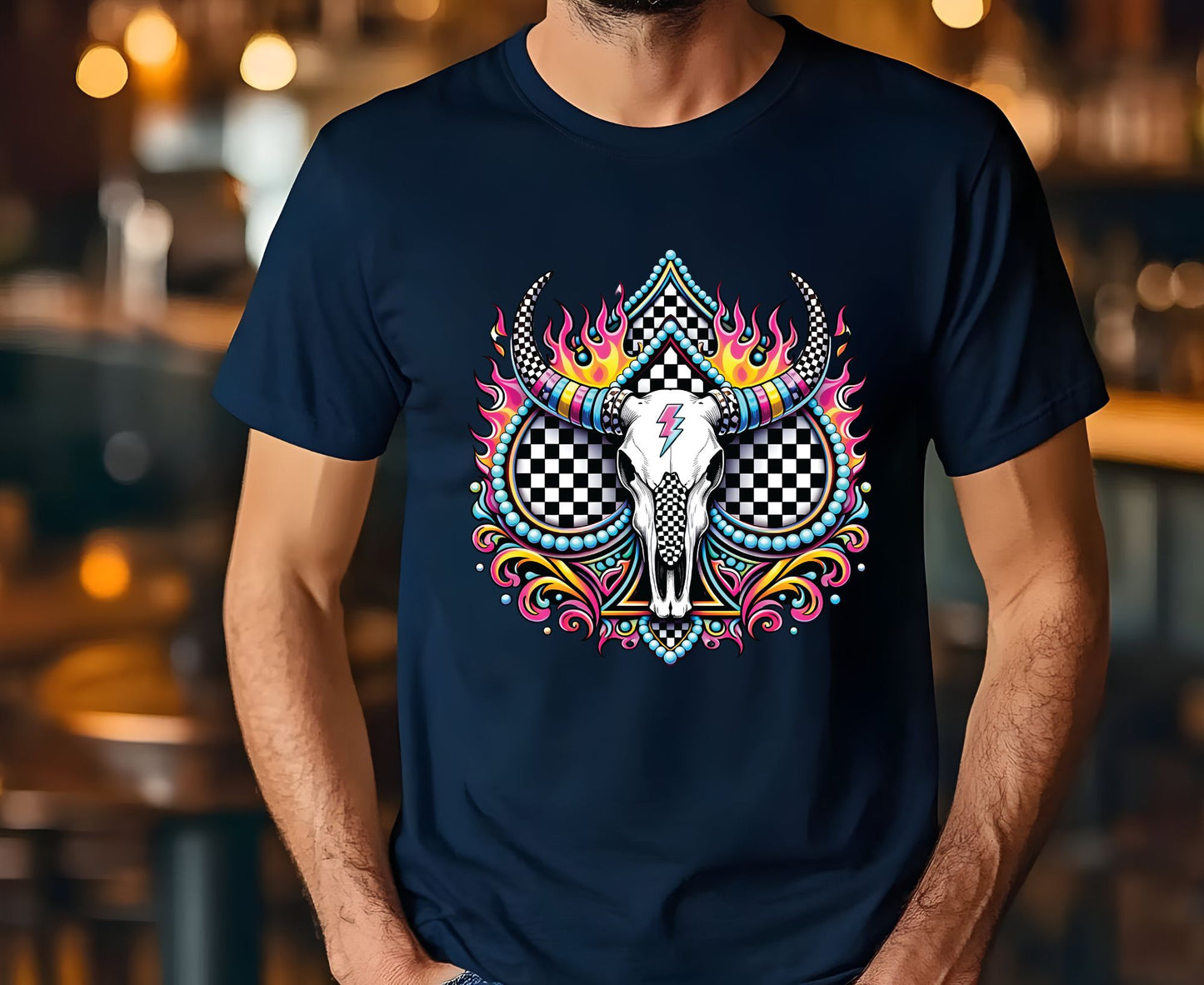 Bull Skull T Shirt Adult Youth Toddler Baby Western Graphic Tee Checkerboard Pink Flame Lightning Bolt Cow Skull Retro Rodeo Boho Country Gift