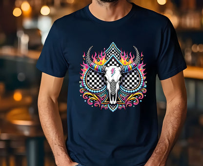 Bull Skull T Shirt Adult Youth Toddler Baby Western Graphic Tee Checkerboard Pink Flame Lightning Bolt Cow Skull Retro Rodeo Boho Country Gift
