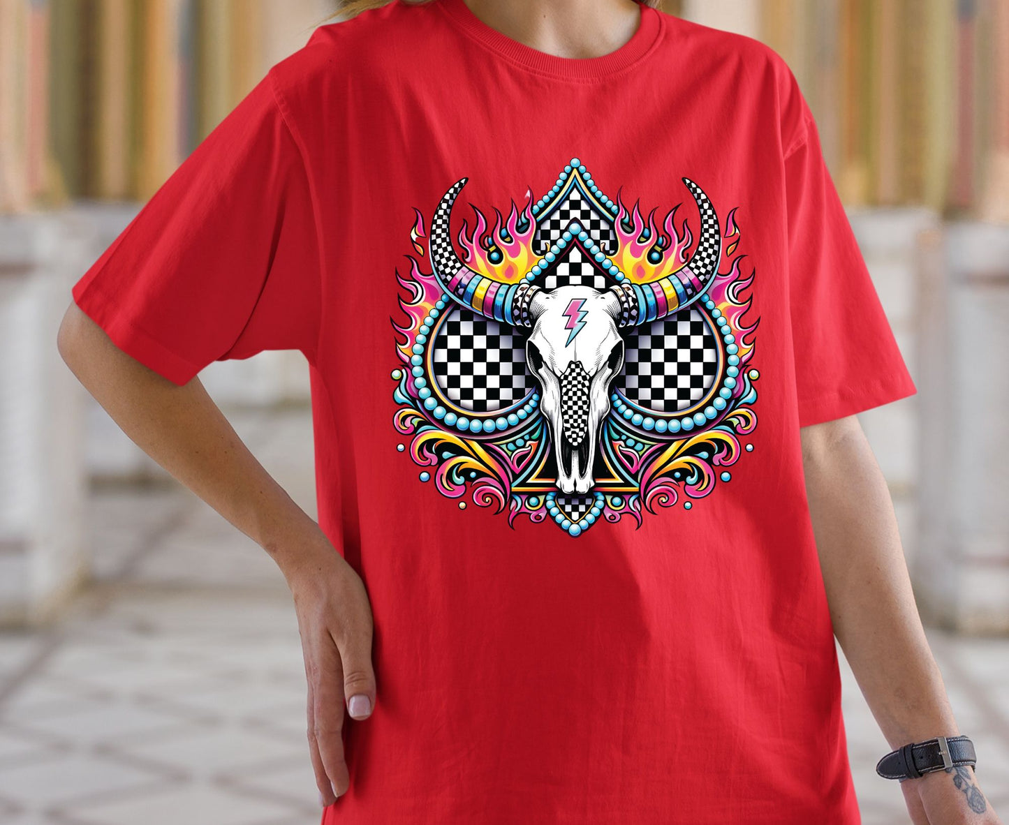 Bull Skull T Shirt Adult Youth Toddler Baby Western Graphic Tee Checkerboard Pink Flame Lightning Bolt Cow Skull Retro Rodeo Boho Country Gift