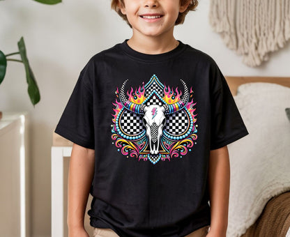 Bull Skull T Shirt Adult Youth Toddler Baby Western Graphic Tee Checkerboard Pink Flame Lightning Bolt Cow Skull Retro Rodeo Boho Country Gift
