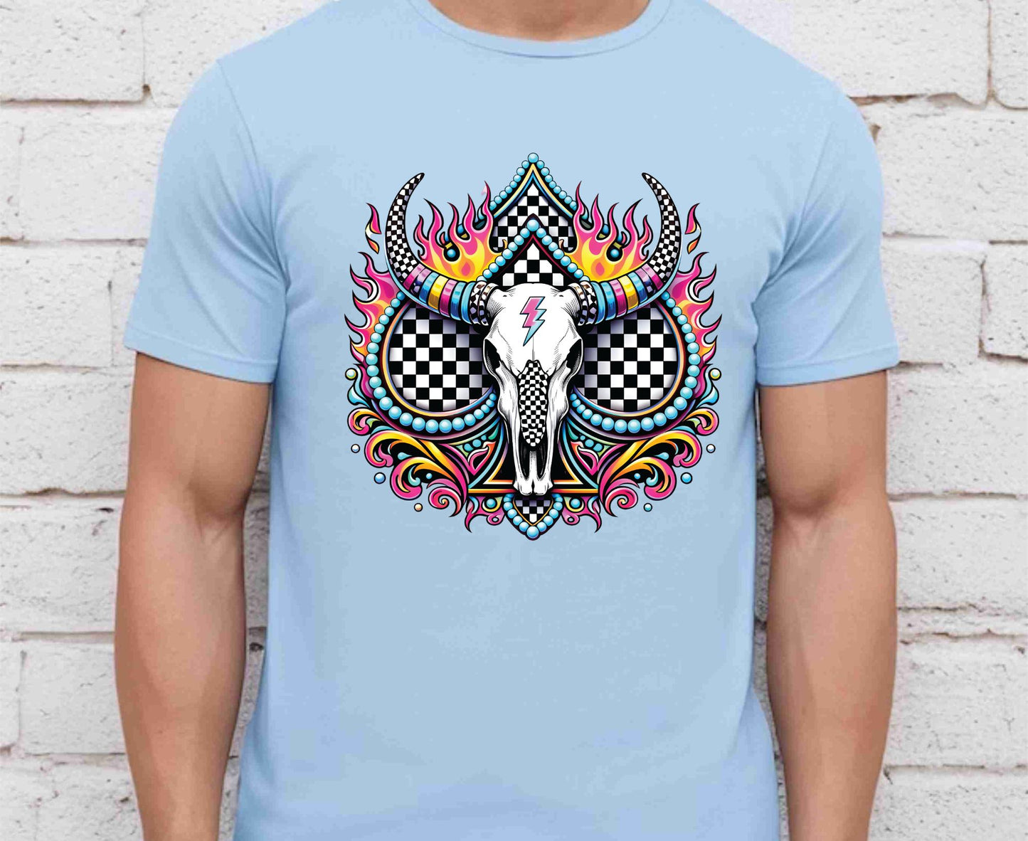 Bull Skull T Shirt Adult Youth Toddler Baby Western Graphic Tee Checkerboard Pink Flame Lightning Bolt Cow Skull Retro Rodeo Boho Country Gift