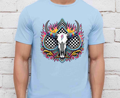 Bull Skull T Shirt Adult Youth Toddler Baby Western Graphic Tee Checkerboard Pink Flame Lightning Bolt Cow Skull Retro Rodeo Boho Country Gift