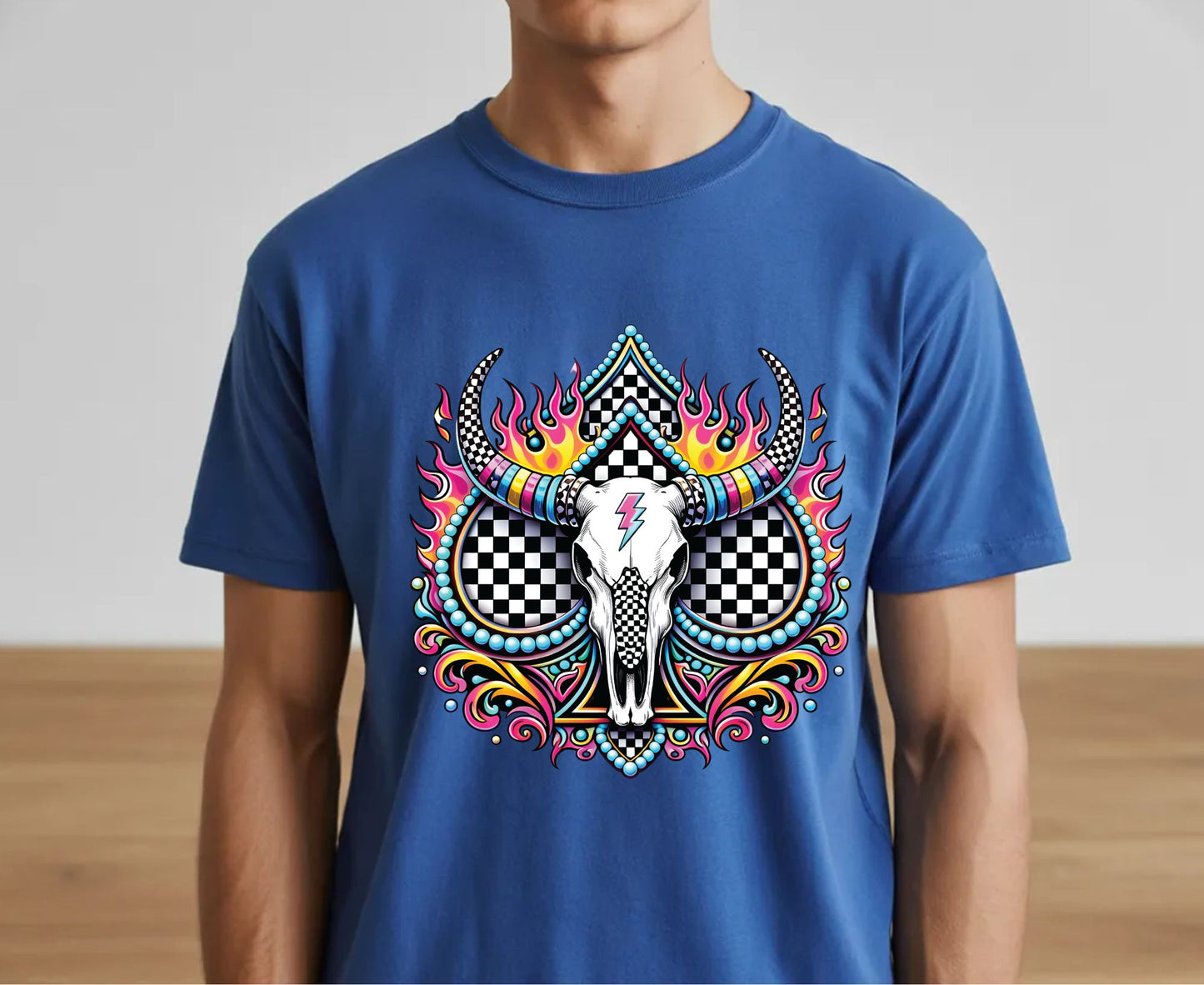 Bull Skull T Shirt Adult Youth Toddler Baby Western Graphic Tee Checkerboard Pink Flame Lightning Bolt Cow Skull Retro Rodeo Boho Country Gift