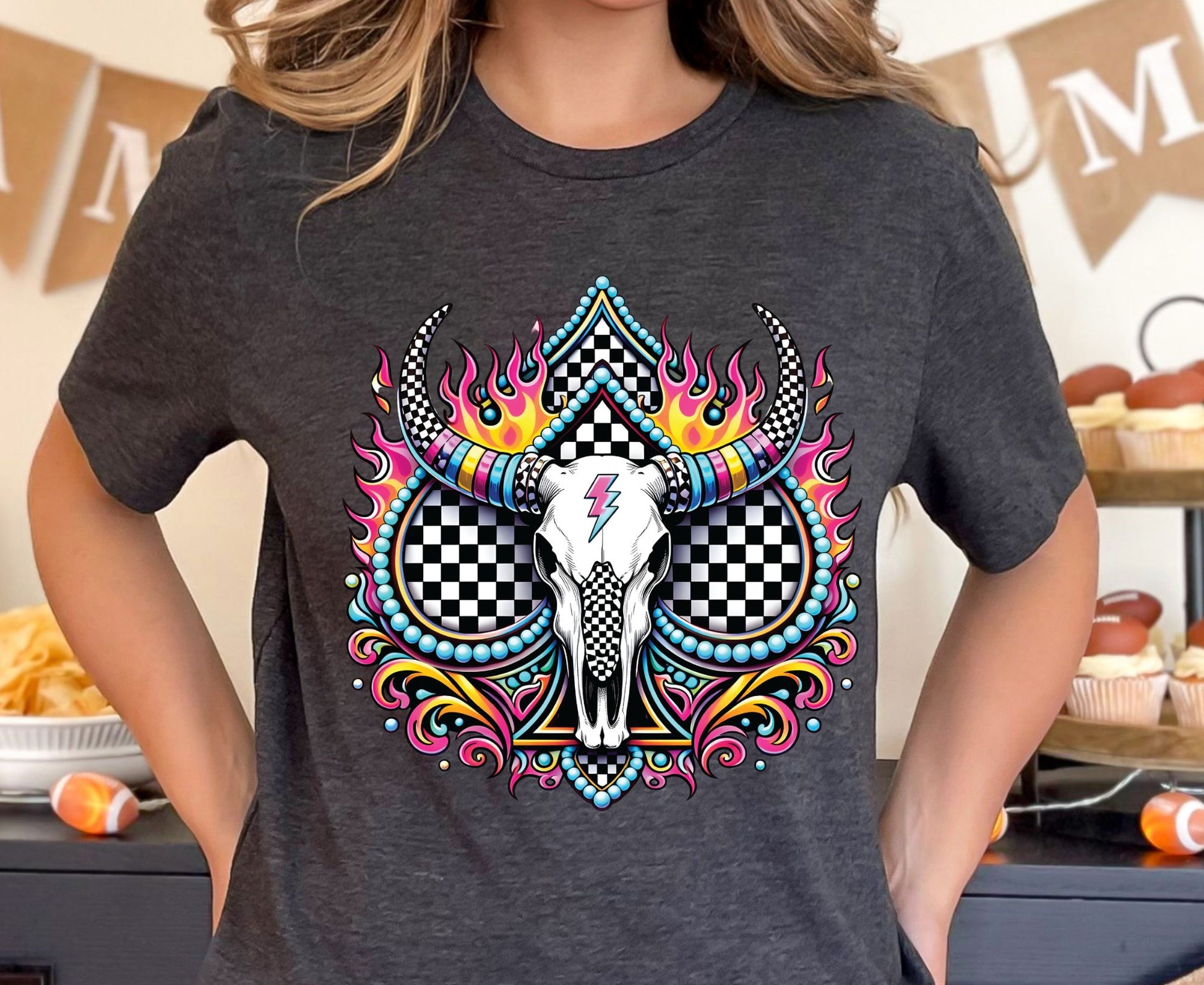Bull Skull T Shirt Adult Youth Toddler Baby Western Graphic Tee Checkerboard Pink Flame Lightning Bolt Cow Skull Retro Rodeo Boho Country Gift