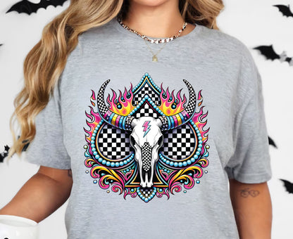 Bull Skull T Shirt Adult Youth Toddler Baby Western Graphic Tee Checkerboard Pink Flame Lightning Bolt Cow Skull Retro Rodeo Boho Country Gift
