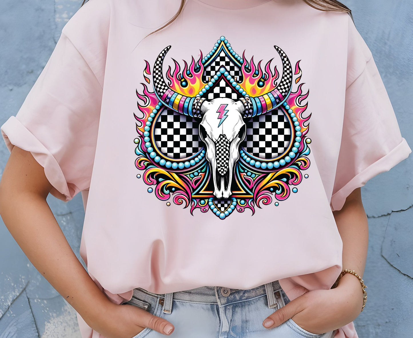 Bull Skull T Shirt Adult Youth Toddler Baby Western Graphic Tee Checkerboard Pink Flame Lightning Bolt Cow Skull Retro Rodeo Boho Country Gift