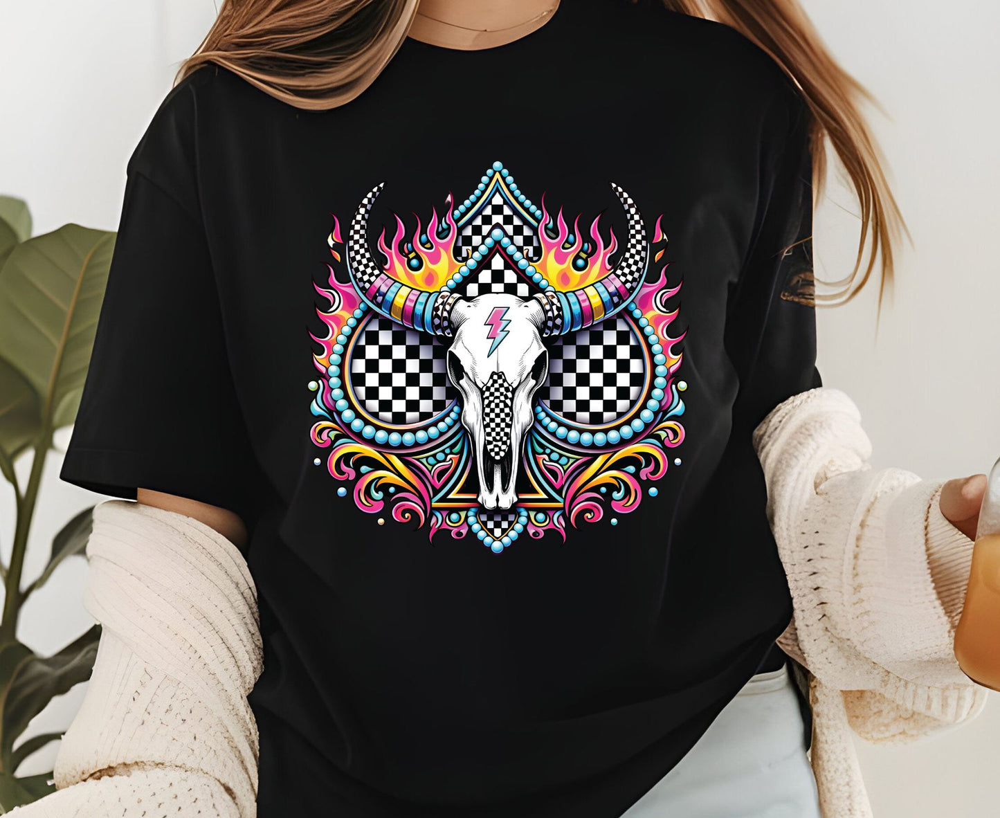 Bull Skull T Shirt Adult Youth Toddler Baby Western Graphic Tee Checkerboard Pink Flame Lightning Bolt Cow Skull Retro Rodeo Boho Country Gift
