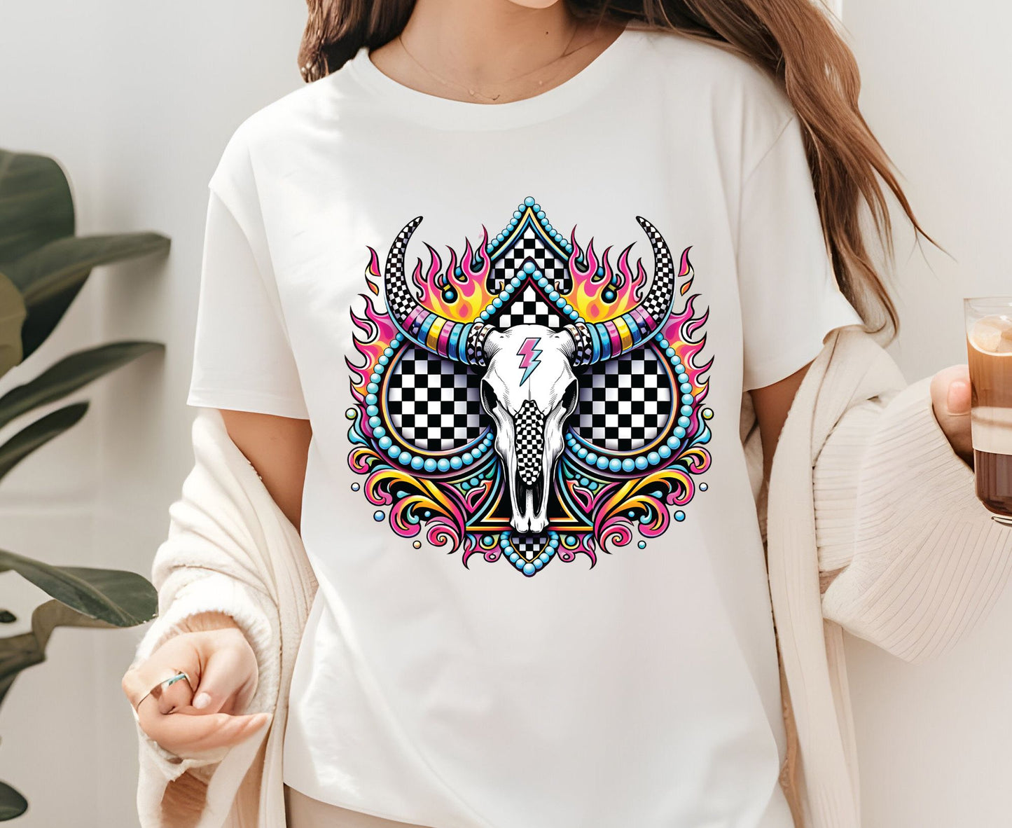 Bull Skull T Shirt Adult Youth Toddler Baby Western Graphic Tee Checkerboard Pink Flame Lightning Bolt Cow Skull Retro Rodeo Boho Country Gift