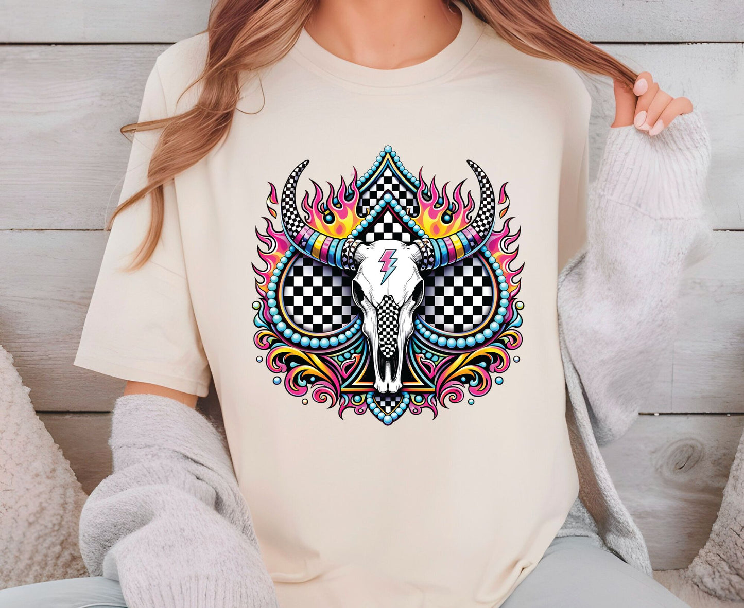 Bull Skull T Shirt Adult Youth Toddler Baby Western Graphic Tee Checkerboard Pink Flame Lightning Bolt Cow Skull Retro Rodeo Boho Country Gift