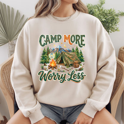 Camp More Worry Less Comfort Colors T Shirt Retro Camping Tent Youth Tee Outdoor Adventure Children Sweatshirt Mountains Kids Apparel Hiking Gift