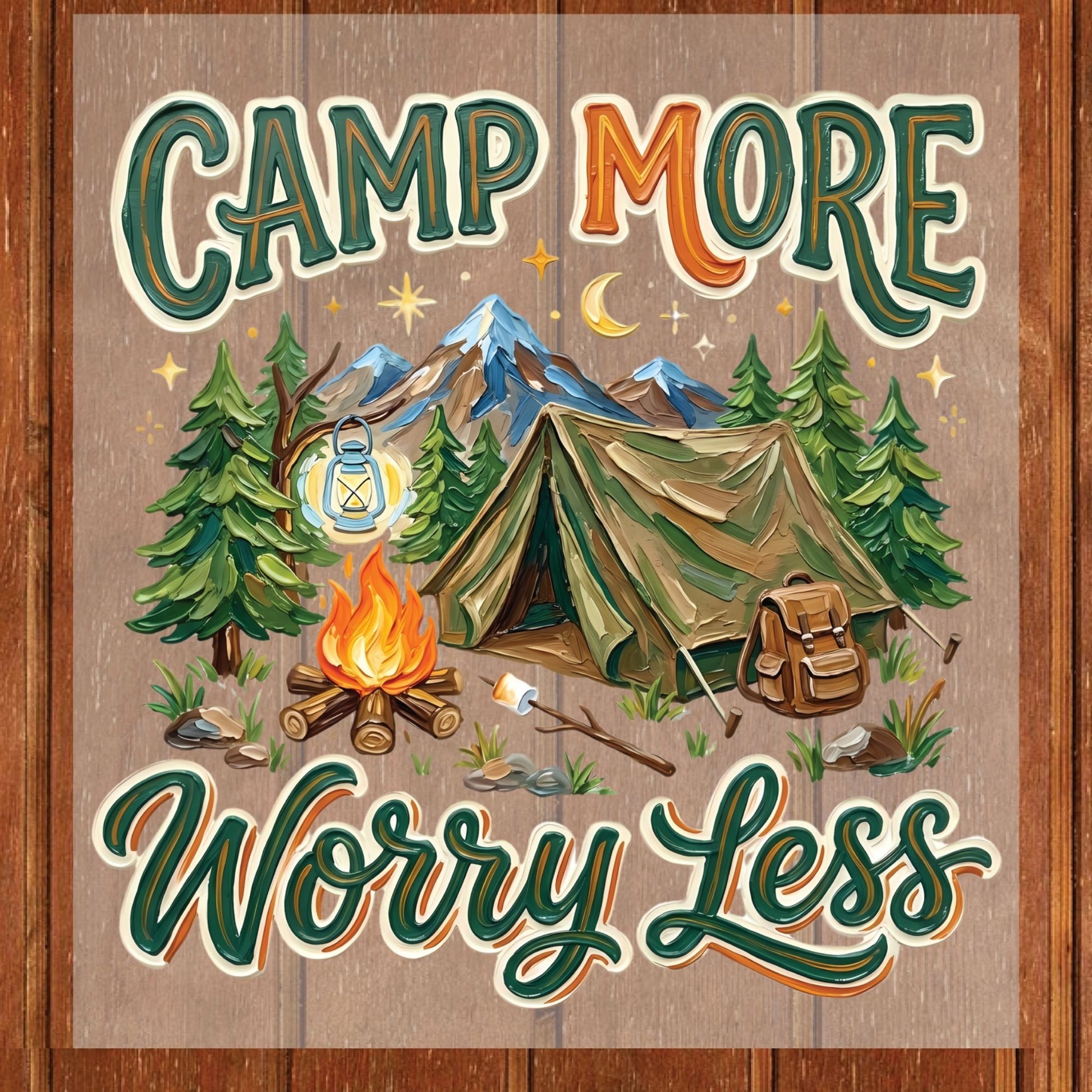 Camp More Worry Less DTF Transfer Ready to Press Retro Tent Bonfire Mountain Adventure Outdoor Hiking Nature Gift UV Sticker Prints