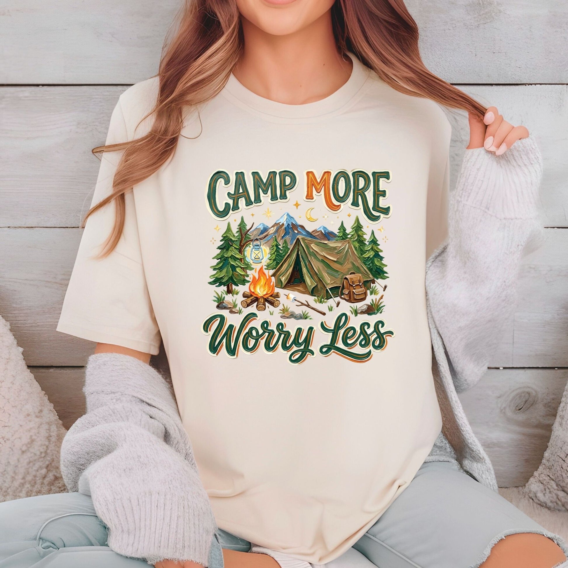 Camp More Worry Less DTF Transfer Ready to Press Retro Tent Bonfire Mountain Adventure Outdoor Hiking Nature Gift UV Sticker Prints