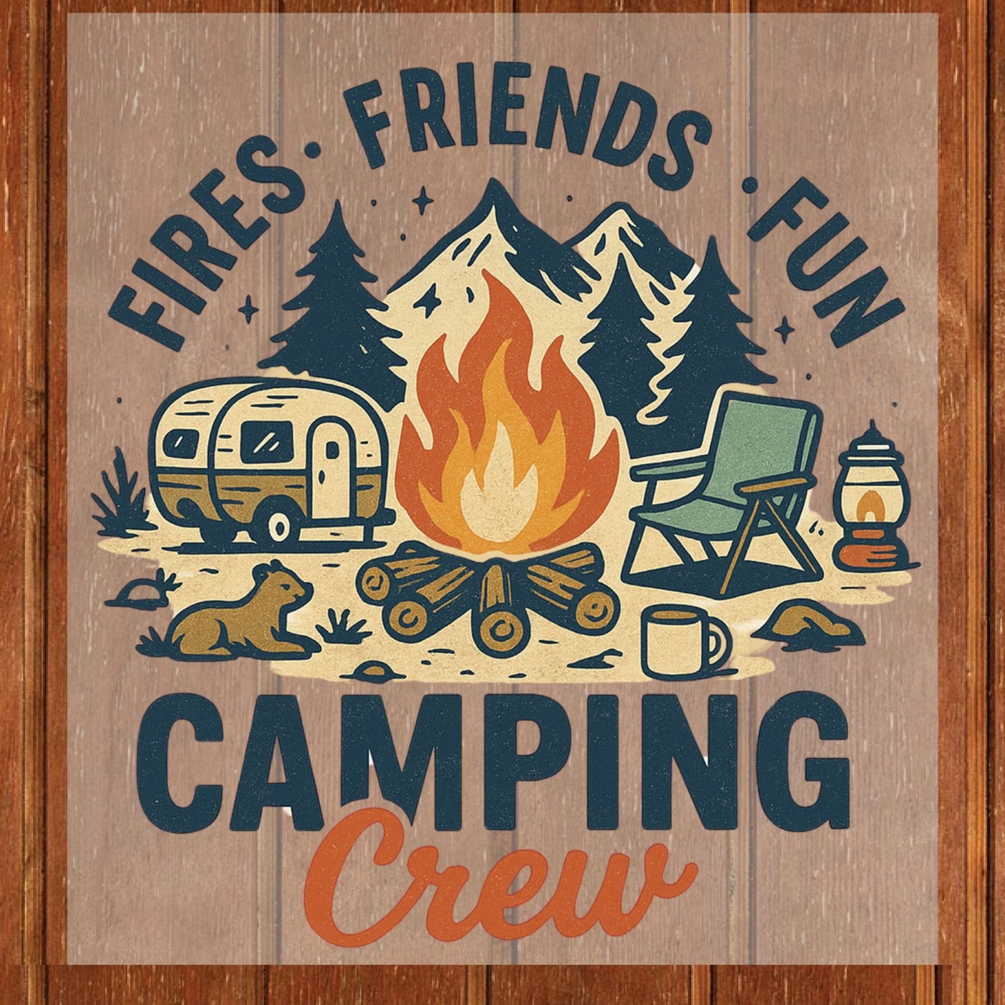 Camping Crew DTF Transfer Ready to Press Fires Friends Fun Retro Camper Bonfire Mountains Outdoor Adventure Nature UV Sticker Prints