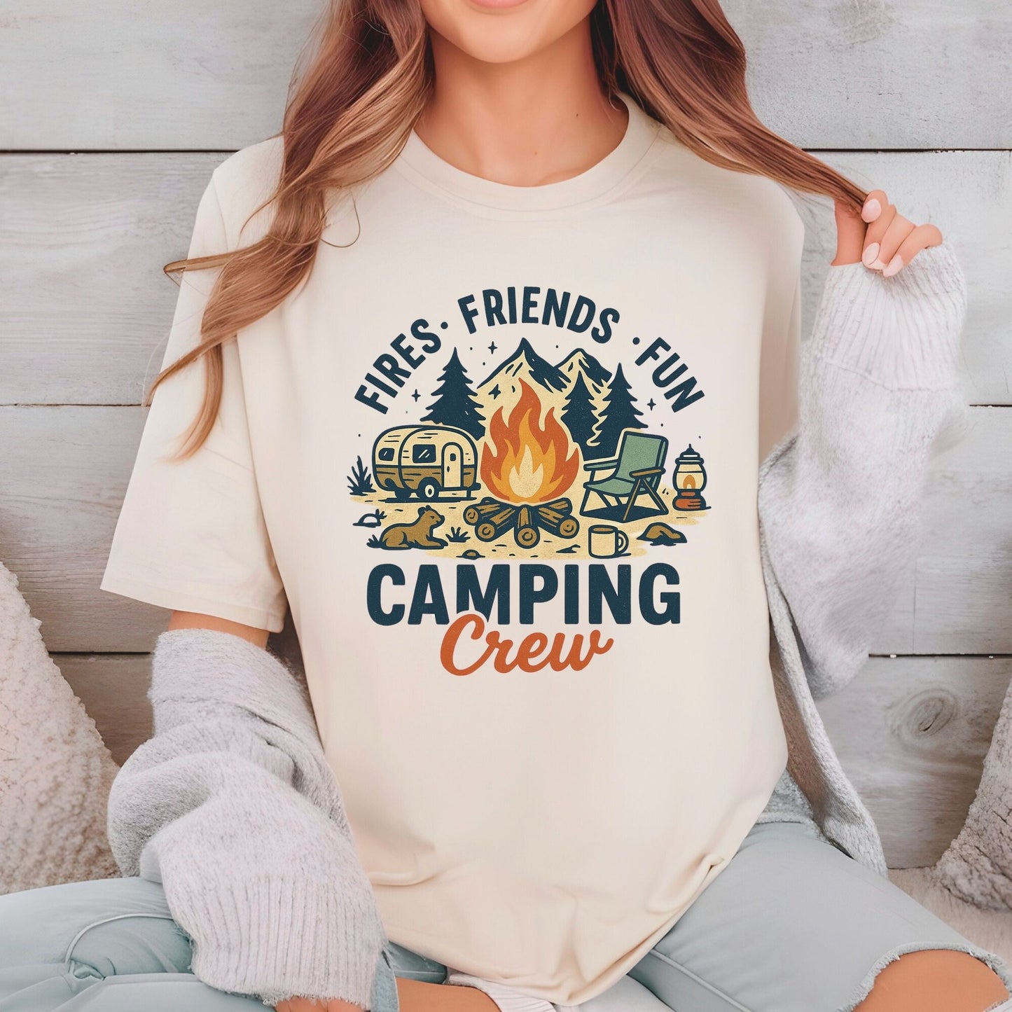 Camping Crew DTF Transfer Ready to Press Fires Friends Fun Retro Camper Bonfire Mountains Outdoor Adventure Nature UV Sticker Prints