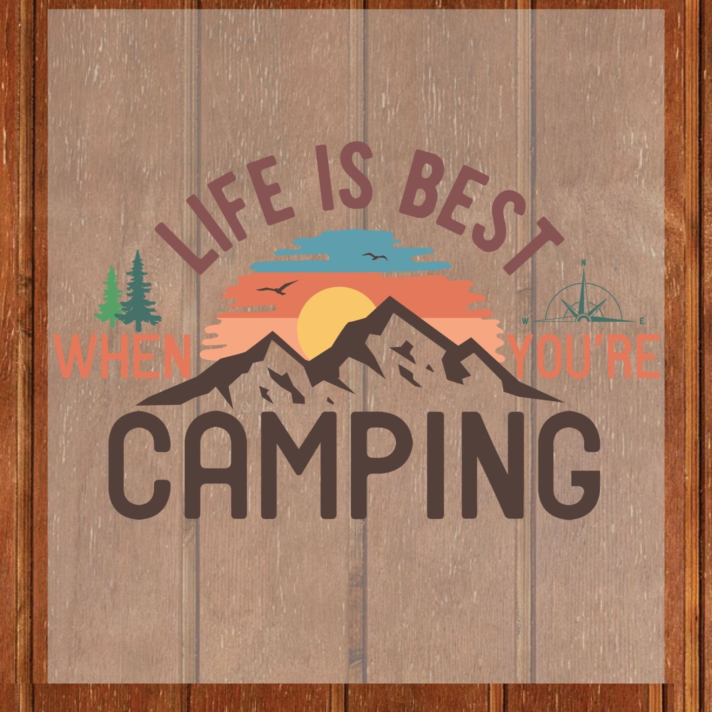 Camping DTF Transfer Ready to Press Life is Best When You're Camping Retro Mountain Sunset Adventure Nature Gift UV Sticker Prints