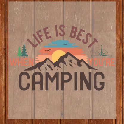 Camping DTF Transfer Ready to Press Life is Best When You're Camping Retro Mountain Sunset Adventure Nature Gift UV Sticker Prints