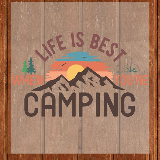 Camping DTF Transfer Ready to Press Life is Best When You're Camping Retro Mountain Sunset Adventure Nature Gift UV Sticker Prints
