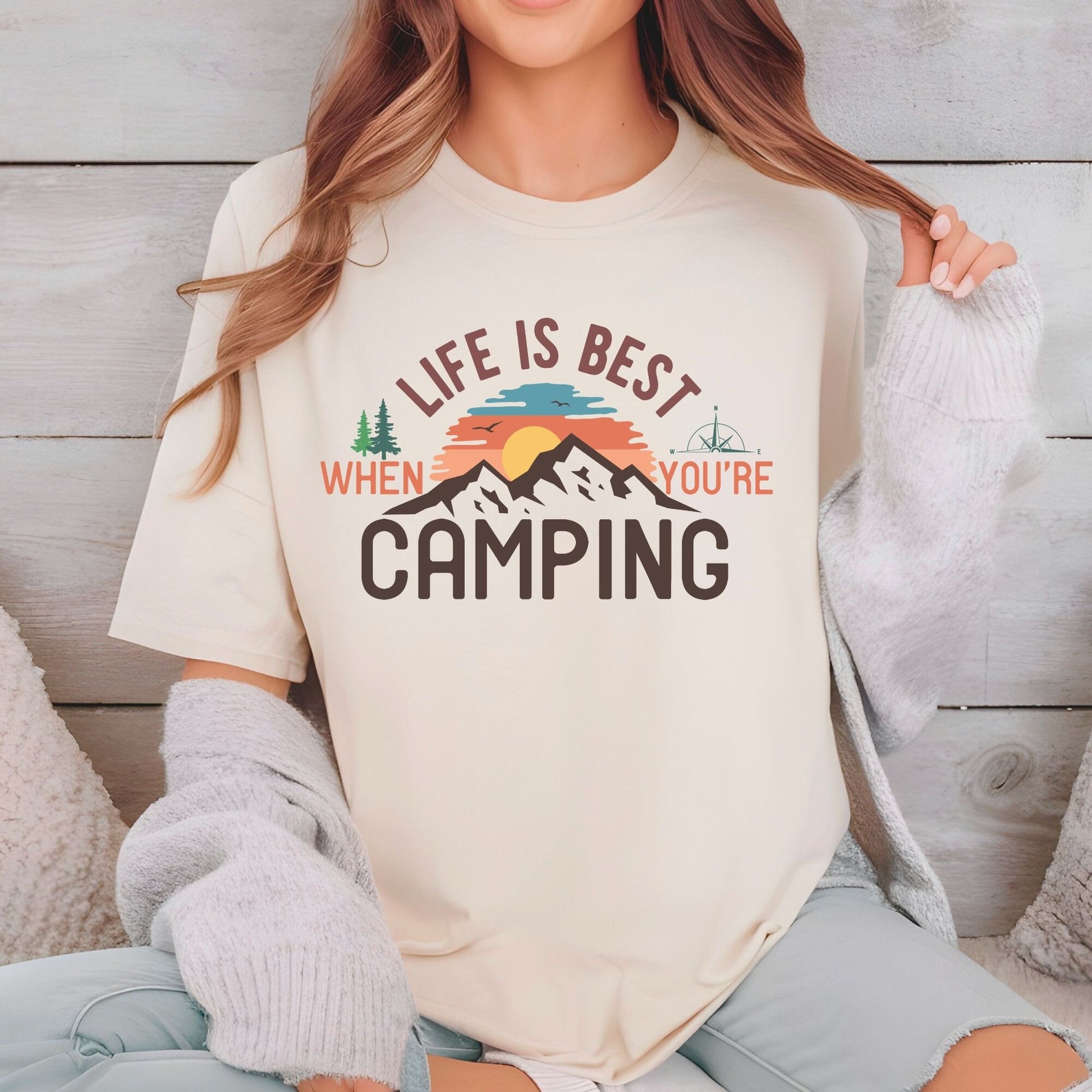 Camping DTF Transfer Ready to Press Life is Best When You're Camping Retro Mountain Sunset Adventure Nature Gift UV Sticker Prints