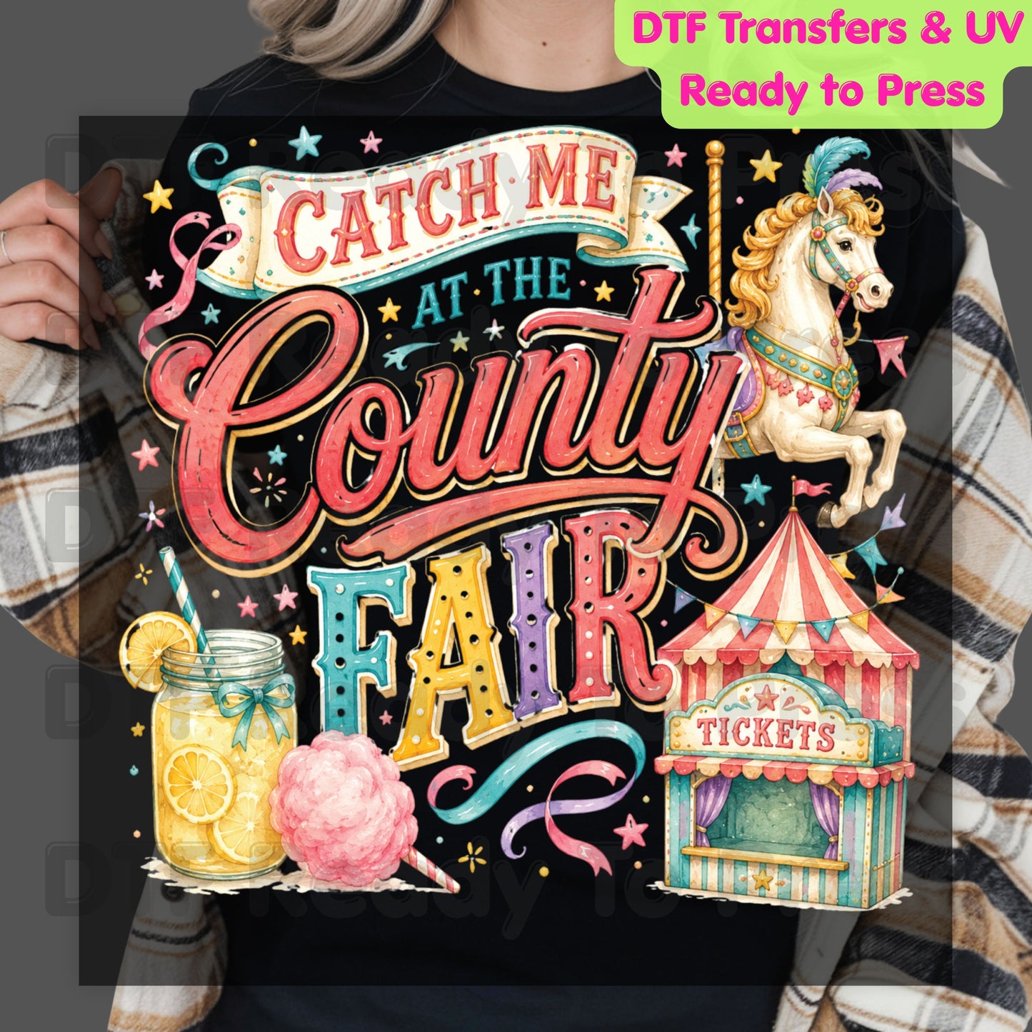 Catch Me At The County Fair Retro Carousel DTF Transfer Ready to Press Carnival Lemonade UV DTF Sticker Ticket Booth Heat Transfer for Shirts