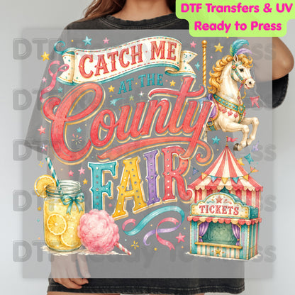 Catch Me At The County Fair Retro Carousel DTF Transfer Ready to Press Carnival Lemonade UV DTF Sticker Ticket Booth Heat Transfer for Shirts