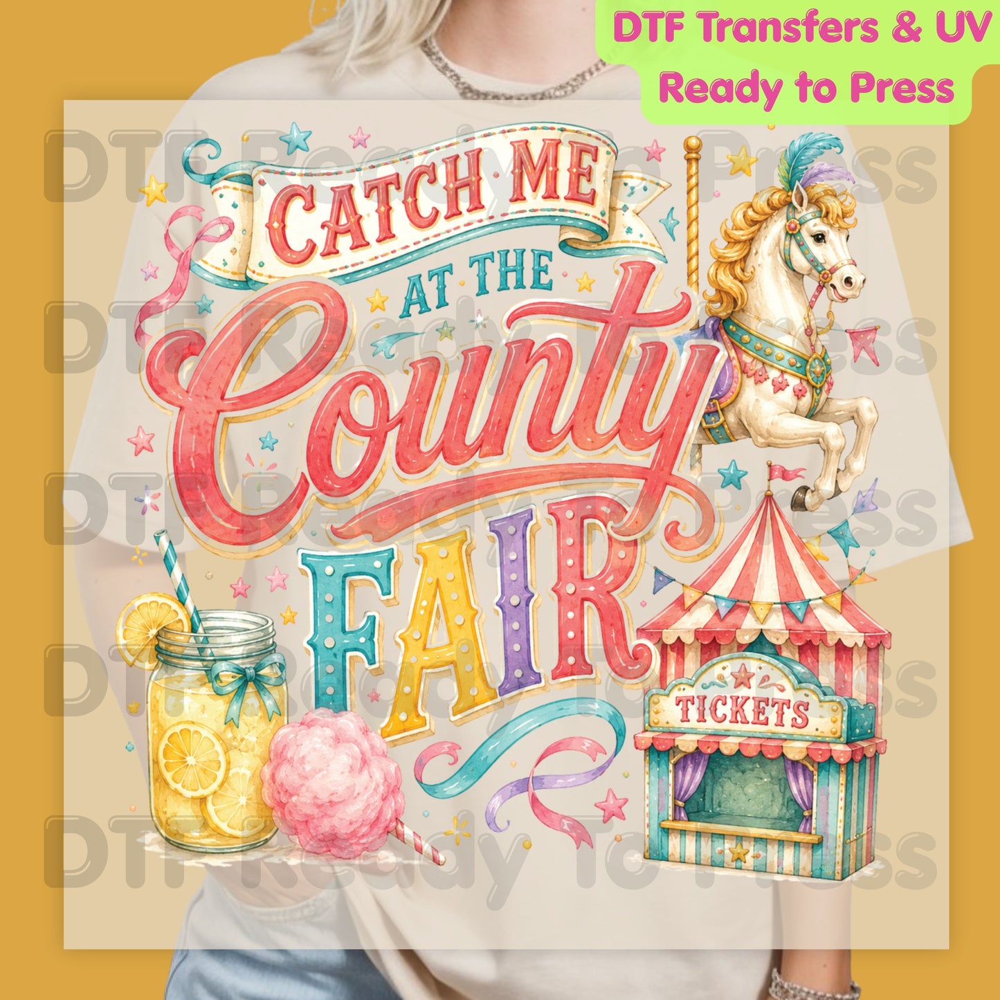 Catch Me At The County Fair Retro Carousel DTF Transfer Ready to Press Carnival Lemonade UV DTF Sticker Ticket Booth Heat Transfer for Shirts