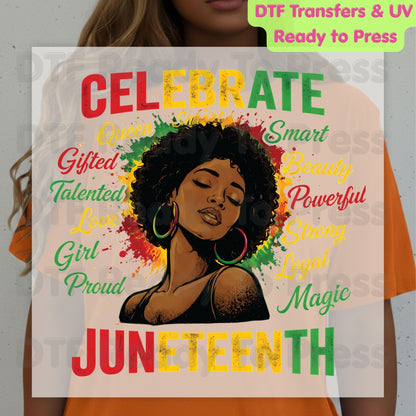 Celebrate Juneteenth Queen Gifted Talented Girl DTF Transfer Ready to Press African American Pride Heat Transfer Black History UV Sticker