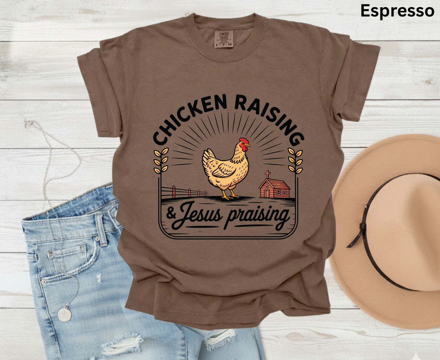 Chicken Raising & Jesus Praising T Shirt Christian Farm Tee Hen Faith Shirt Adult Youth Toddler Baby Religious Gift Chicken Mama Farmhouse