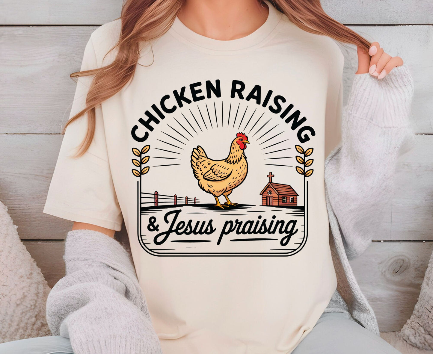Chicken Raising & Jesus Praising T Shirt Christian Farm Tee Hen Faith Shirt Adult Youth Toddler Baby Religious Gift Chicken Mama Farmhouse