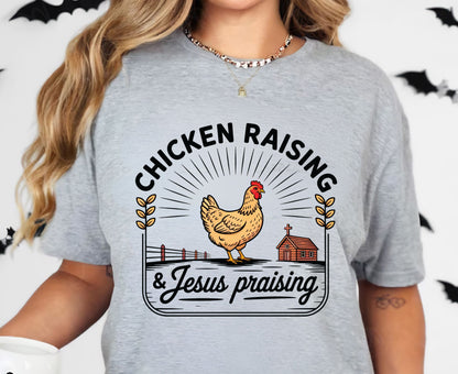 Chicken Raising & Jesus Praising T Shirt Christian Farm Tee Hen Faith Shirt Adult Youth Toddler Baby Religious Gift Chicken Mama Farmhouse